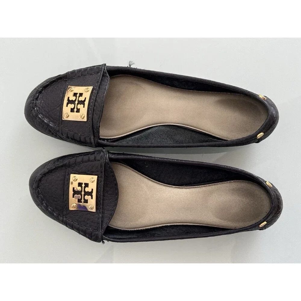 ✿ Tory Burch Black Leather Logo Ballet Flats Gold Plate Size 8M